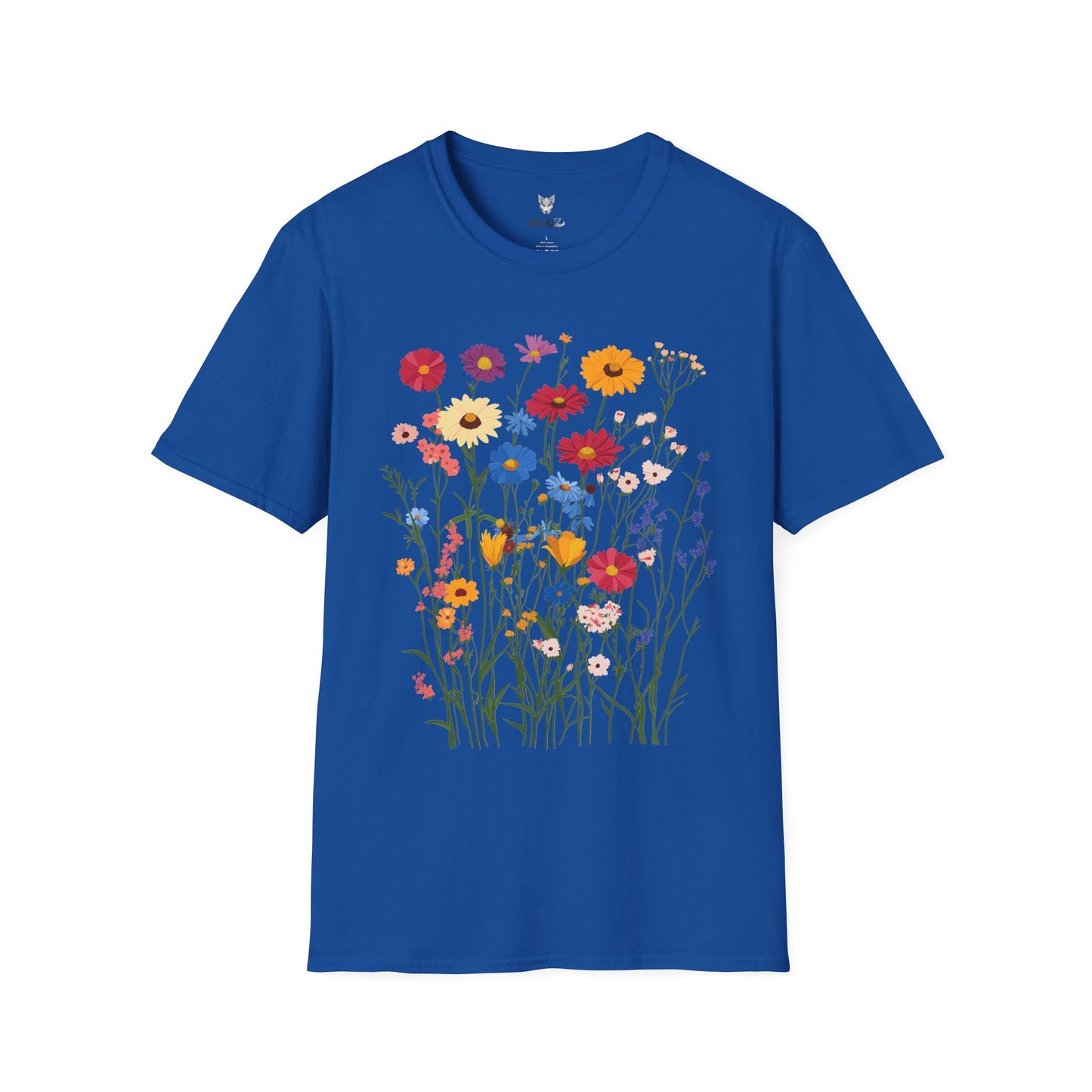 Vibrant wildflowers (zinnias, cornflowers, black-eyed Susans, yarrow) scattered naturally.