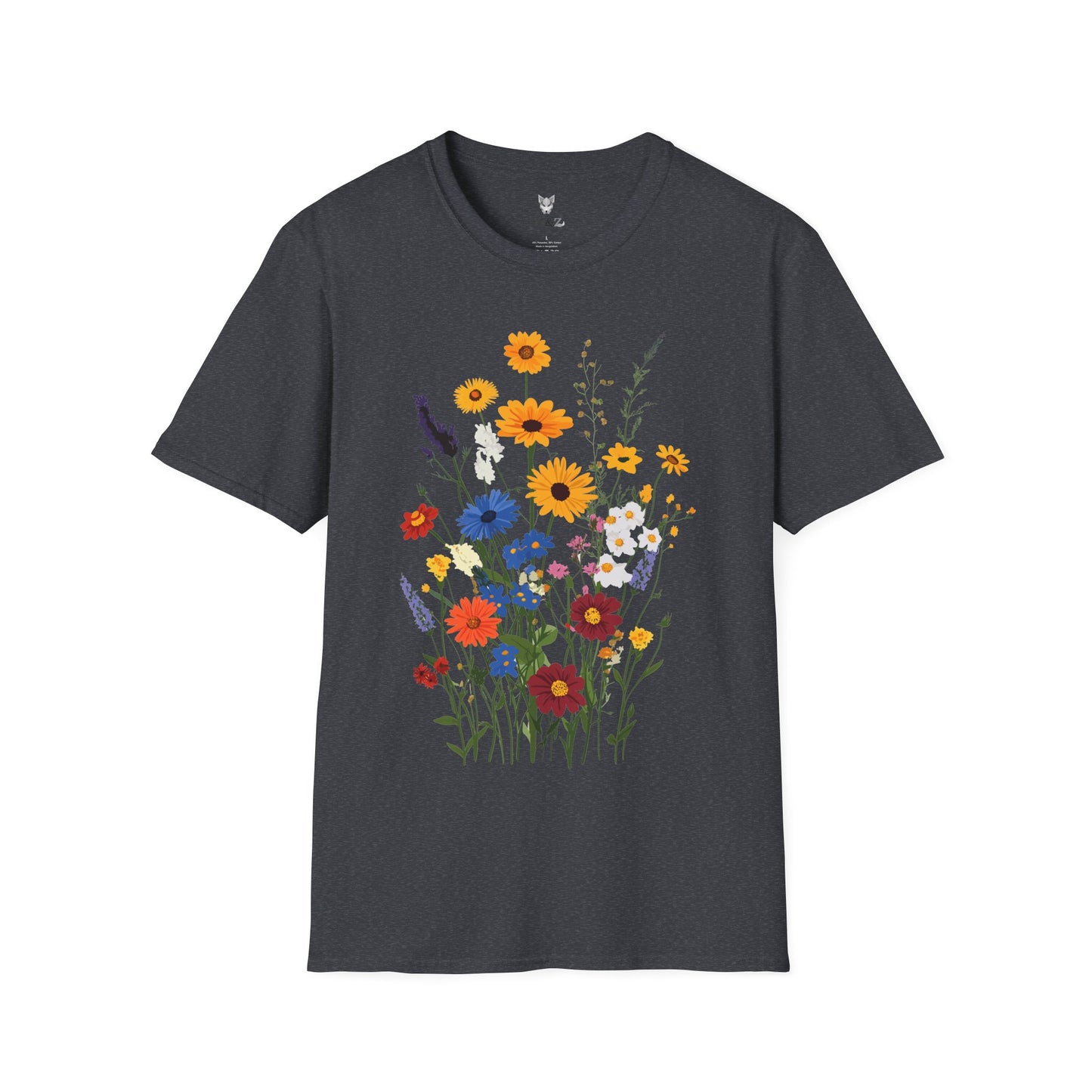 Beautiful wildflowers (zinnias, cornflowers, black-eyed Susans, yarrow) scattered naturally, intricate bohemian style.