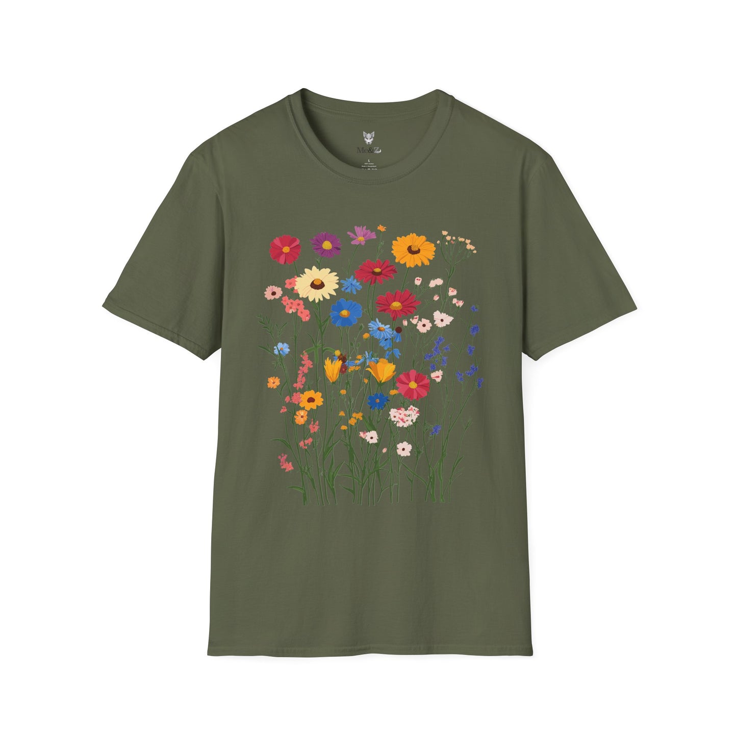 Vibrant wildflowers (zinnias, cornflowers, black-eyed Susans, yarrow) scattered naturally.