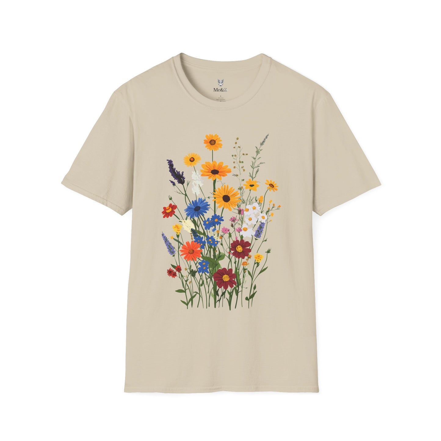 Beautiful wildflowers (zinnias, cornflowers, black-eyed Susans, yarrow) scattered naturally, intricate bohemian style.