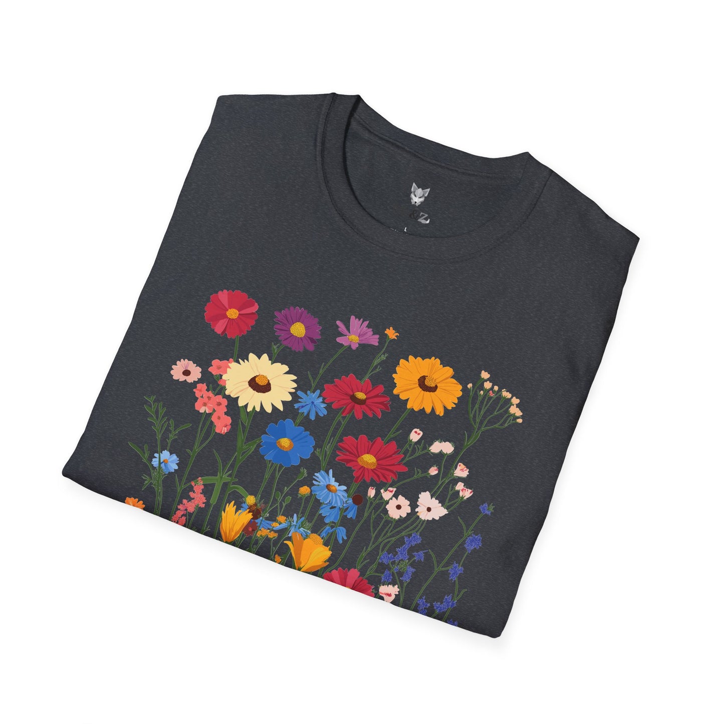 Vibrant wildflowers (zinnias, cornflowers, black-eyed Susans, yarrow) scattered naturally.