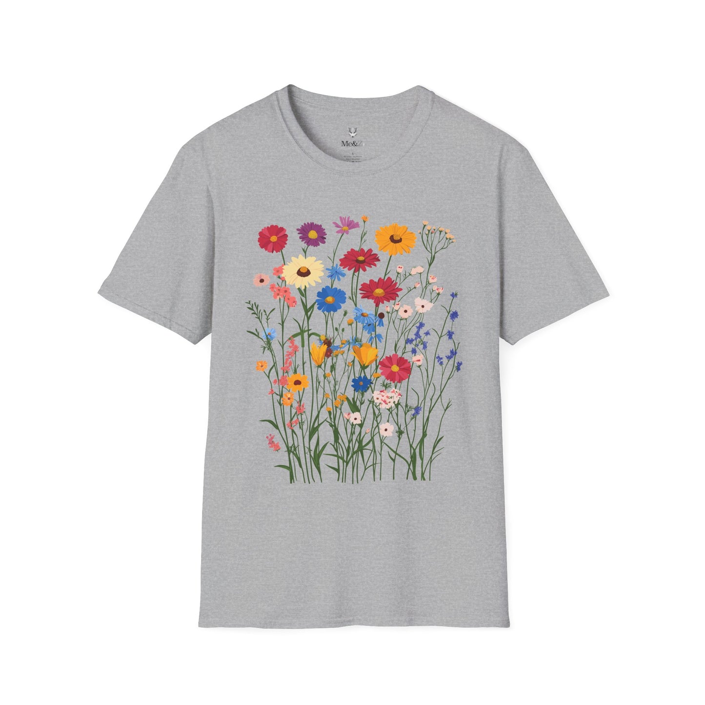 Vibrant wildflowers (zinnias, cornflowers, black-eyed Susans, yarrow) scattered naturally.