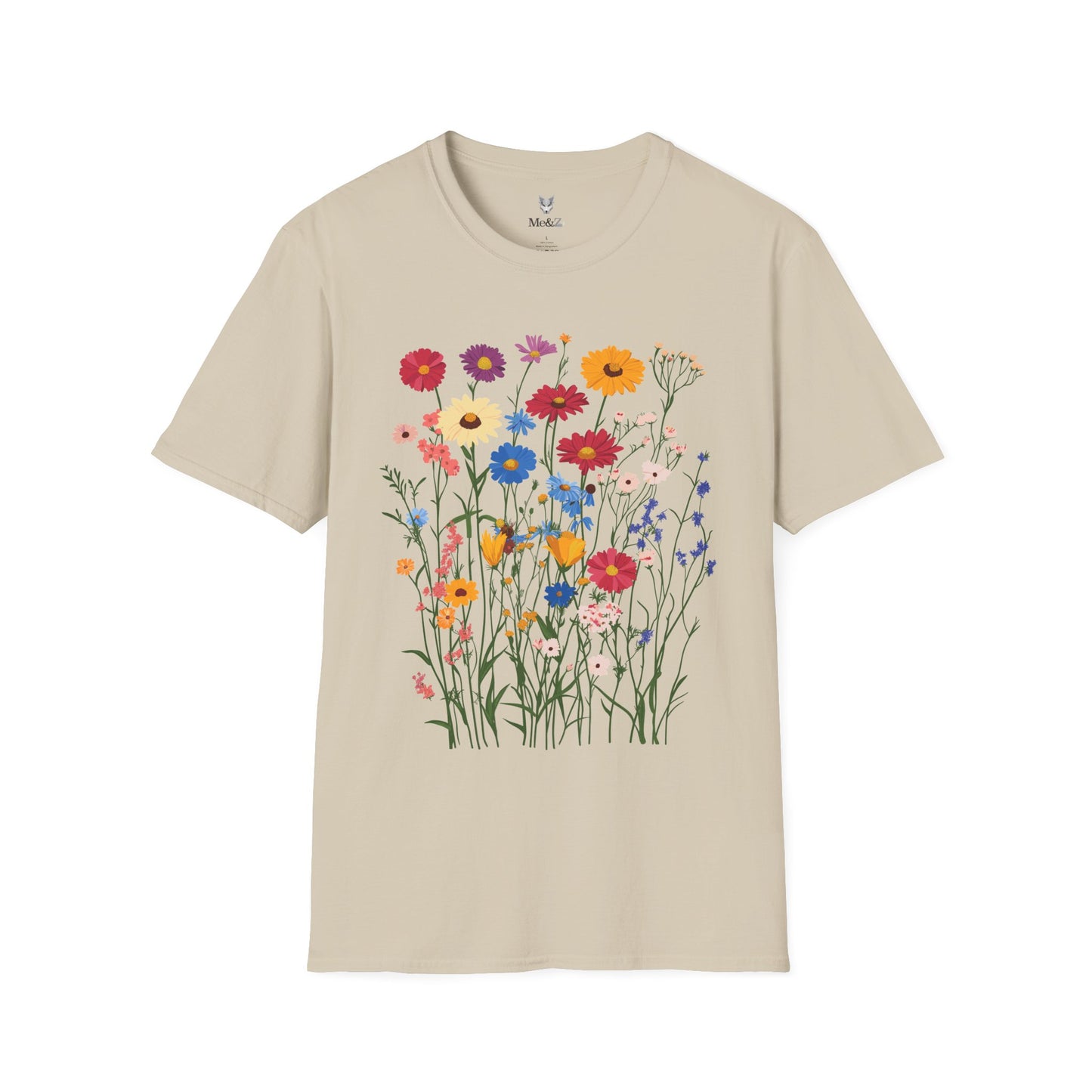 Vibrant wildflowers (zinnias, cornflowers, black-eyed Susans, yarrow) scattered naturally.