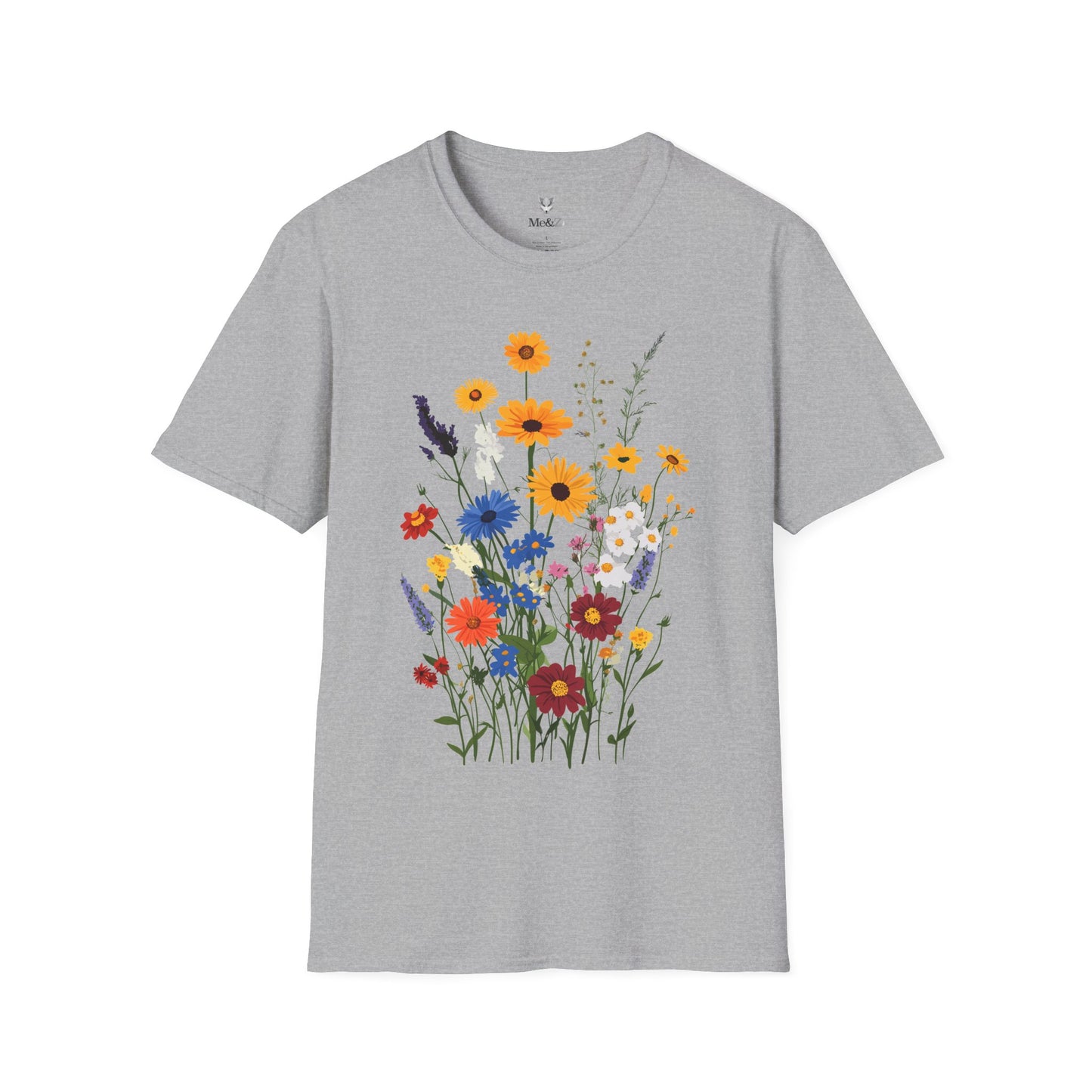 Beautiful wildflowers (zinnias, cornflowers, black-eyed Susans, yarrow) scattered naturally, intricate bohemian style.