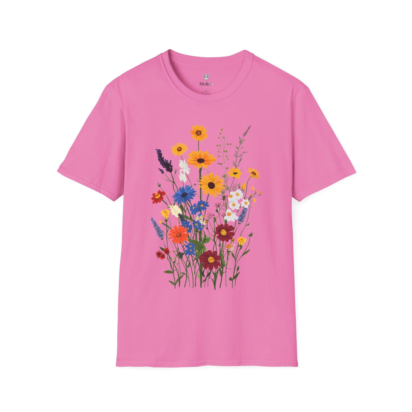 Beautiful wildflowers (zinnias, cornflowers, black-eyed Susans, yarrow) scattered naturally, intricate bohemian style.