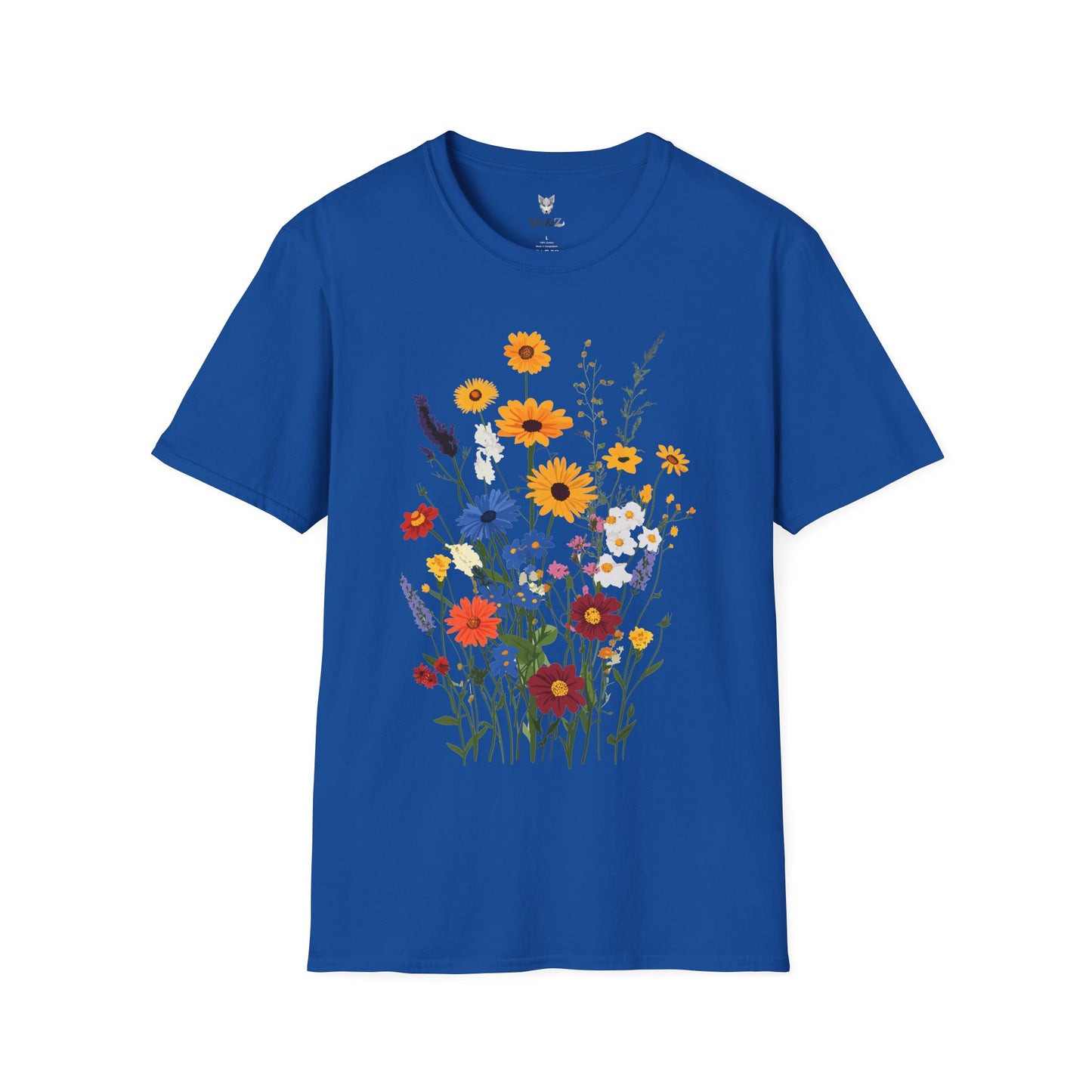 Beautiful wildflowers (zinnias, cornflowers, black-eyed Susans, yarrow) scattered naturally, intricate bohemian style.