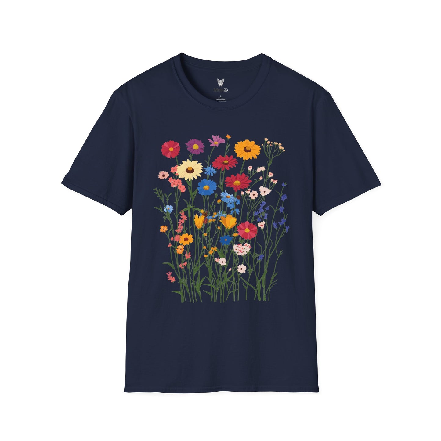 Vibrant wildflowers (zinnias, cornflowers, black-eyed Susans, yarrow) scattered naturally.