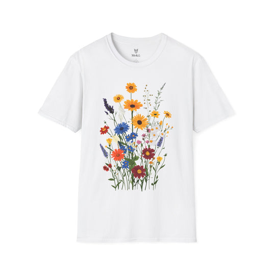 Beautiful wildflowers (zinnias, cornflowers, black-eyed Susans, yarrow) scattered naturally, intricate bohemian style.