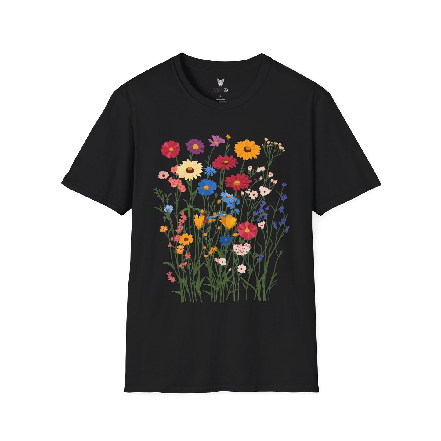Vibrant wildflowers (zinnias, cornflowers, black-eyed Susans, yarrow) scattered naturally.
