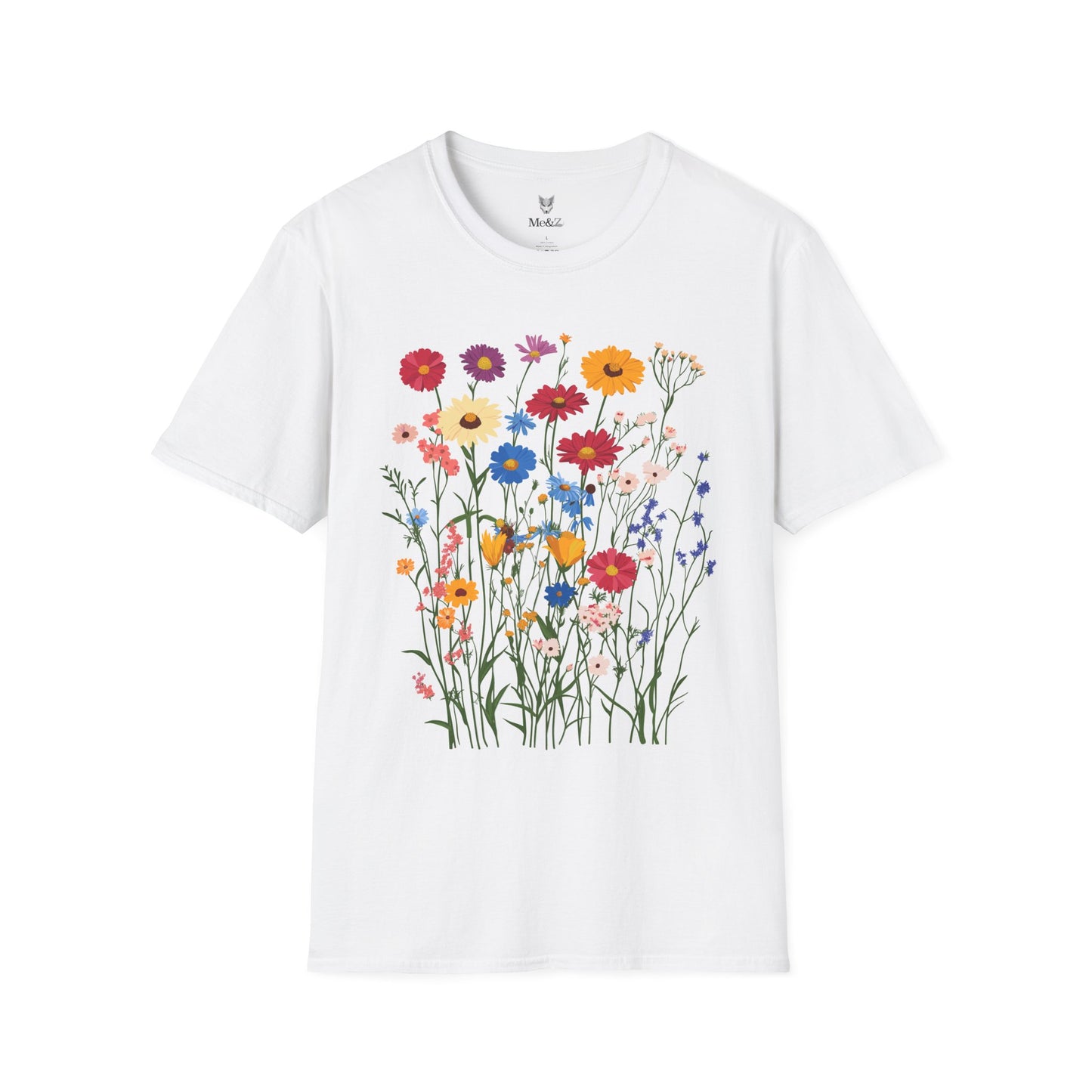 Vibrant wildflowers (zinnias, cornflowers, black-eyed Susans, yarrow) scattered naturally.