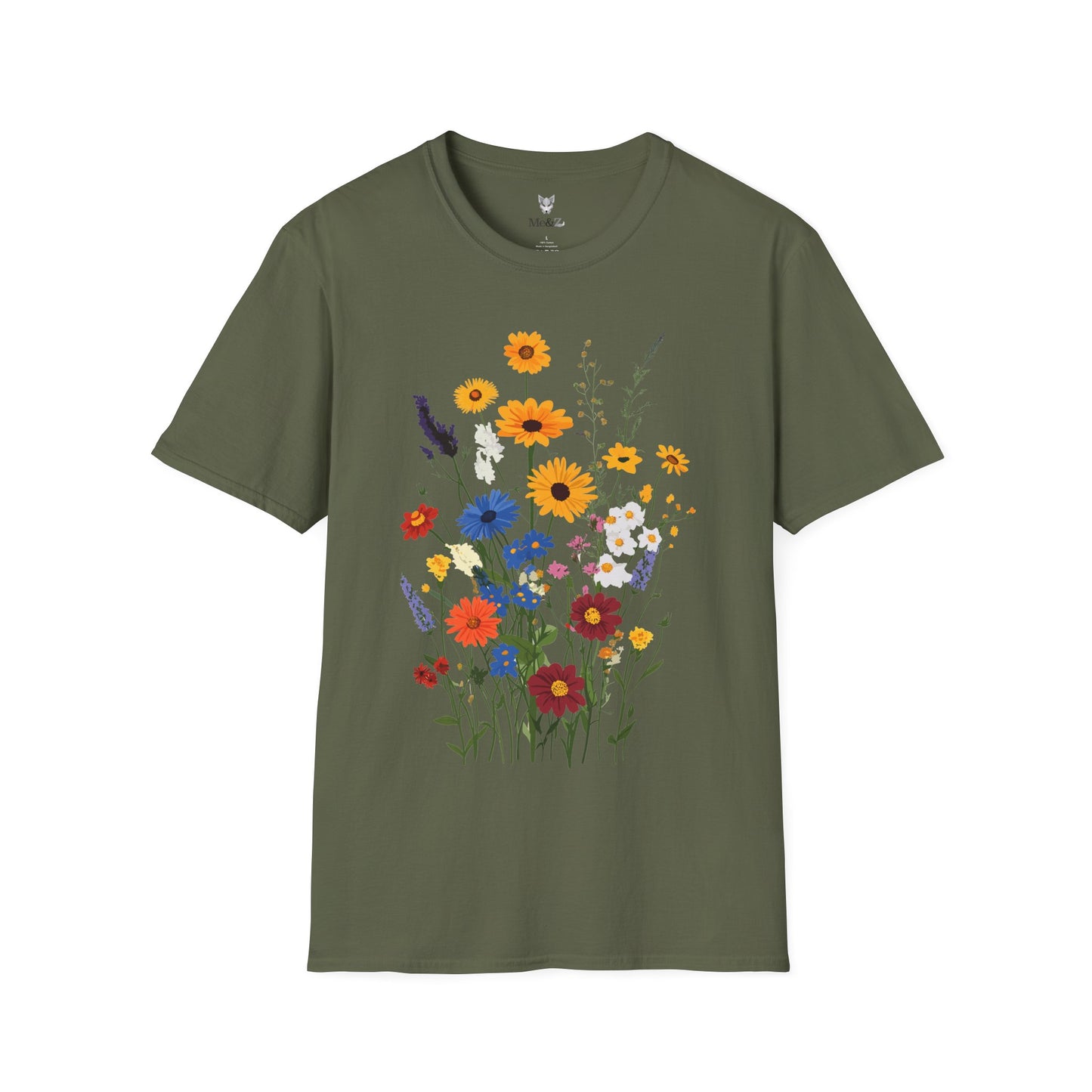 Beautiful wildflowers (zinnias, cornflowers, black-eyed Susans, yarrow) scattered naturally, intricate bohemian style.