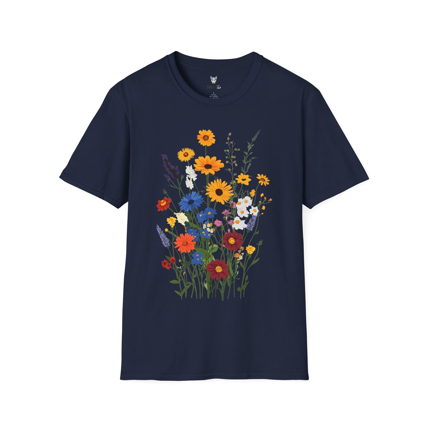 Beautiful wildflowers (zinnias, cornflowers, black-eyed Susans, yarrow) scattered naturally, intricate bohemian style.