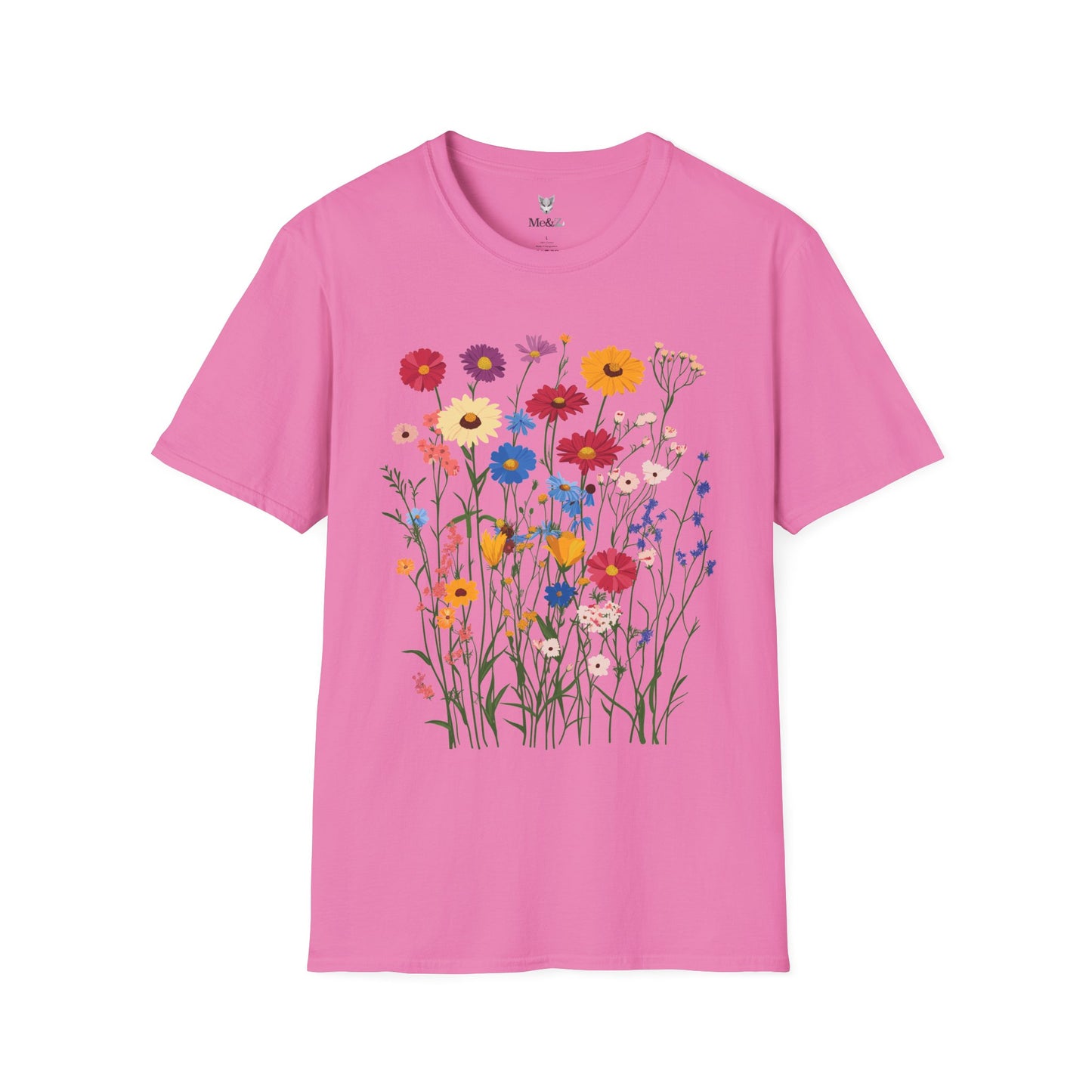 Vibrant wildflowers (zinnias, cornflowers, black-eyed Susans, yarrow) scattered naturally.