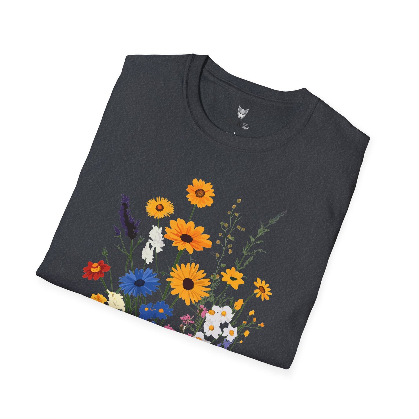 Beautiful wildflowers (zinnias, cornflowers, black-eyed Susans, yarrow) scattered naturally, intricate bohemian style.