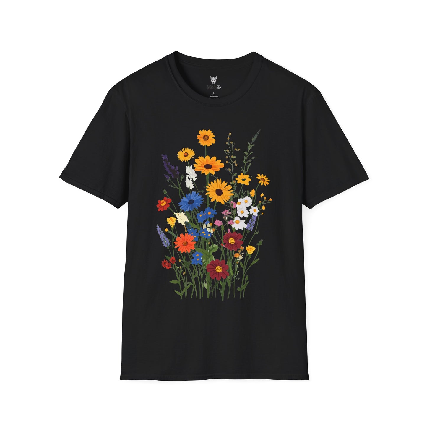 Beautiful wildflowers (zinnias, cornflowers, black-eyed Susans, yarrow) scattered naturally, intricate bohemian style.