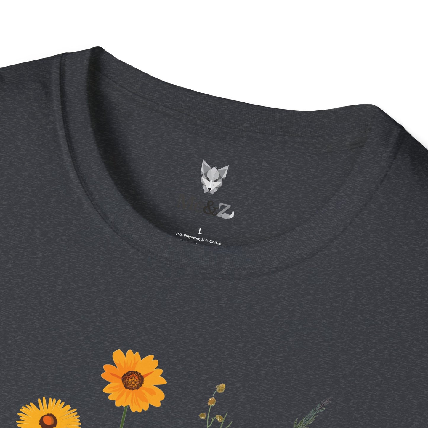 Beautiful wildflowers (zinnias, cornflowers, black-eyed Susans, yarrow) scattered naturally, intricate bohemian style.