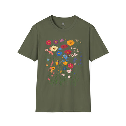 Vibrant wildflowers (zinnias, cornflowers, black-eyed Susans, yarrow) scattered naturally.