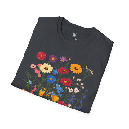 Vibrant wildflowers (zinnias, cornflowers, black-eyed Susans, yarrow) scattered naturally.