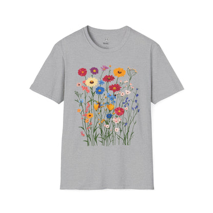 Vibrant wildflowers (zinnias, cornflowers, black-eyed Susans, yarrow) scattered naturally.