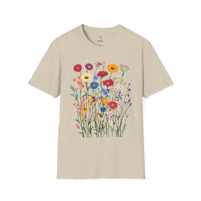Vibrant wildflowers (zinnias, cornflowers, black-eyed Susans, yarrow) scattered naturally.