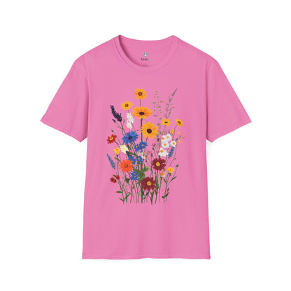 Beautiful wildflowers (zinnias, cornflowers, black-eyed Susans, yarrow) scattered naturally, intricate bohemian style.