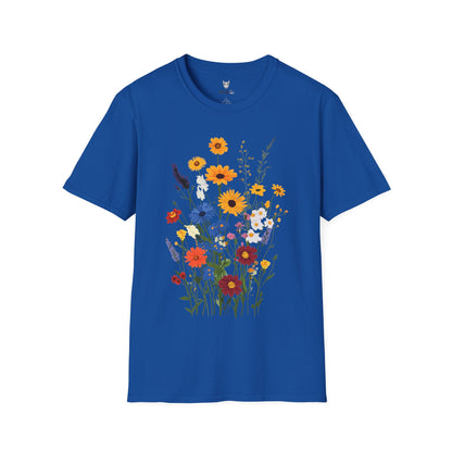 Beautiful wildflowers (zinnias, cornflowers, black-eyed Susans, yarrow) scattered naturally, intricate bohemian style.