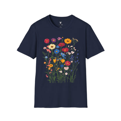 Vibrant wildflowers (zinnias, cornflowers, black-eyed Susans, yarrow) scattered naturally.