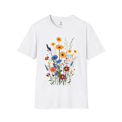 Beautiful wildflowers (zinnias, cornflowers, black-eyed Susans, yarrow) scattered naturally, intricate bohemian style.