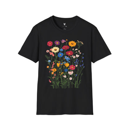 Vibrant wildflowers (zinnias, cornflowers, black-eyed Susans, yarrow) scattered naturally.