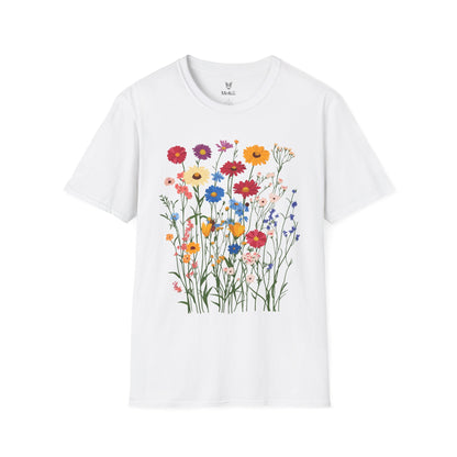 Vibrant wildflowers (zinnias, cornflowers, black-eyed Susans, yarrow) scattered naturally.