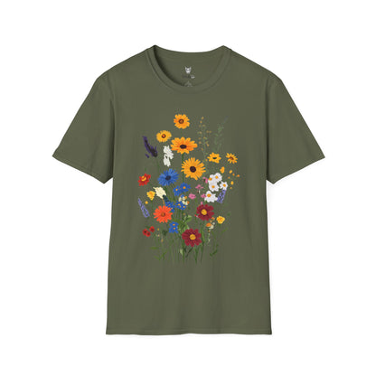 Beautiful wildflowers (zinnias, cornflowers, black-eyed Susans, yarrow) scattered naturally, intricate bohemian style.