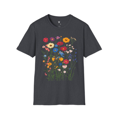 Vibrant wildflowers (zinnias, cornflowers, black-eyed Susans, yarrow) scattered naturally.