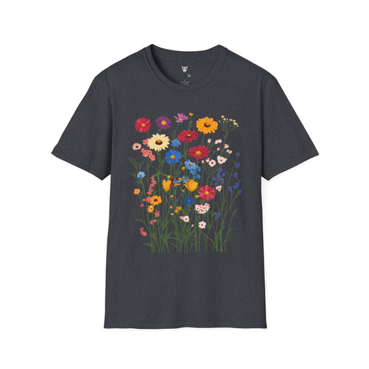 Vibrant wildflowers (zinnias, cornflowers, black-eyed Susans, yarrow) scattered naturally.