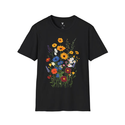 Beautiful wildflowers (zinnias, cornflowers, black-eyed Susans, yarrow) scattered naturally, intricate bohemian style.